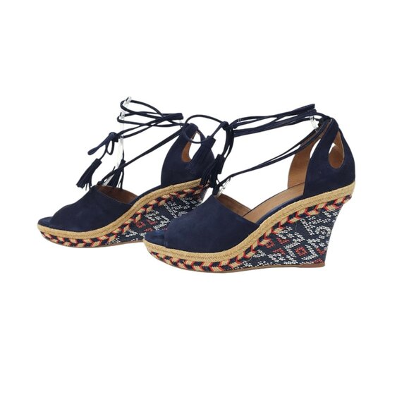 Cabi Isla Espadrille Wedge Sandals Womens 8 M Ankle Wrap Navy Suede Aztec 6001 - Picture 12 of 14